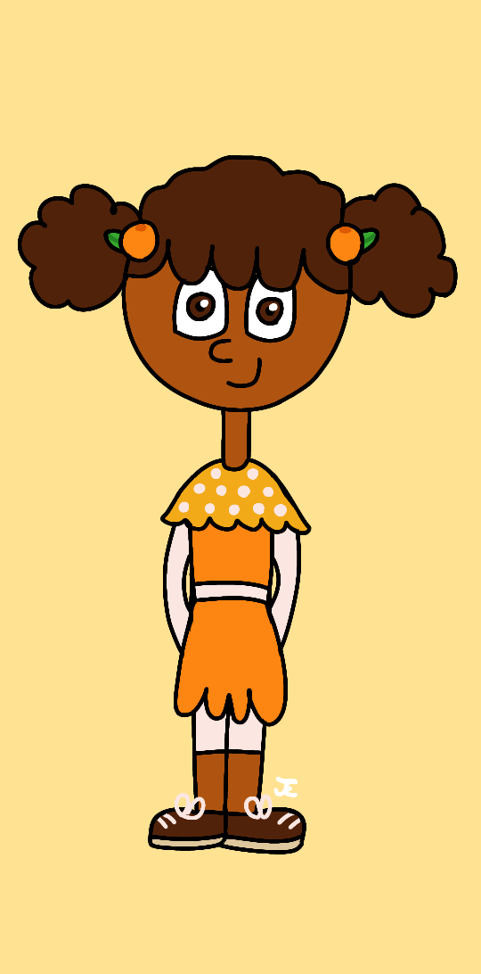 A drawing of Orange Blossom. She has dark skin, dark brown eyes, and brown hair styled into afro puffs. She is wearing an orange dress with a white belt and white sleeves, short, white leggings, brown shoes, a yellow-orange shawl with white polka-dots, and two hairclips that resemble oranges with leaves.